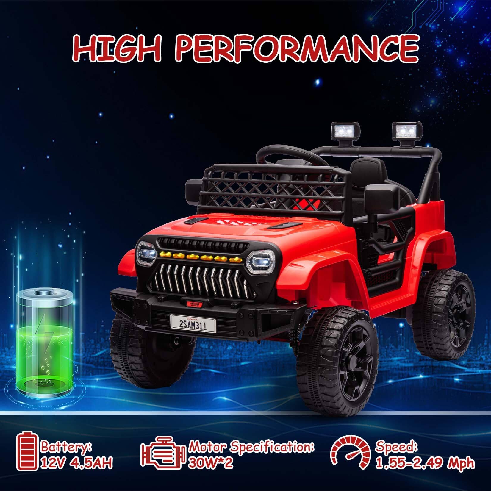 HIGH PERFORMANCE

Battery: 12V 4.5AH

Motor Specification: 30W*2

Speed: 1.55-2.49 Mph