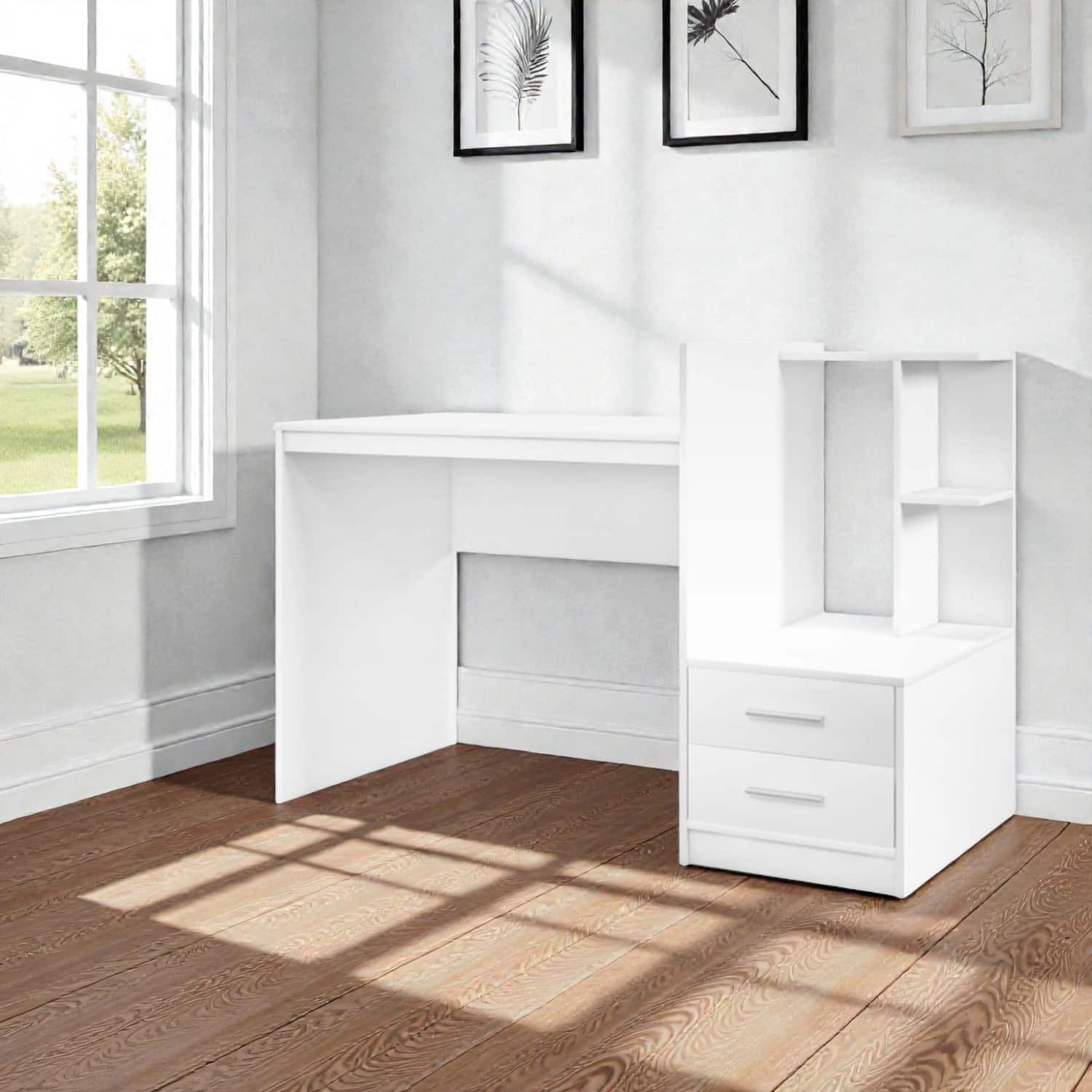 Hivvago - Compact Work Desk with Storage Drawers and Bookshelf Organizer - White