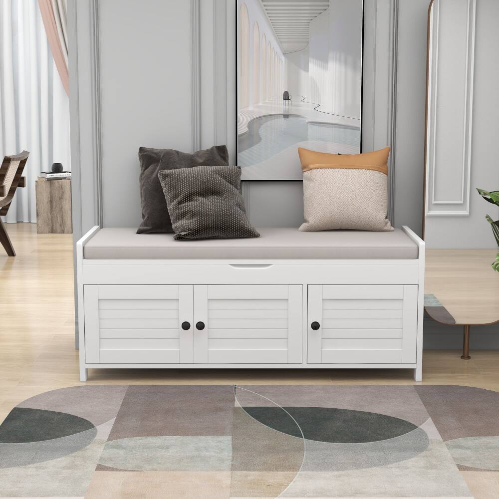 Alt View 8. Ropilly - Ropilly White Storage Bench with Cushion and Shutter Doors, Entryway Shoe Bench with Hidden Storage, 43.5 Inch - White.