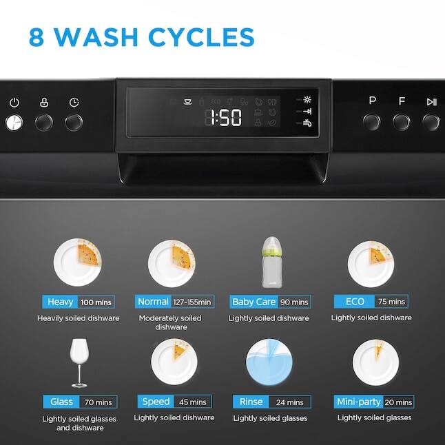 8 WASH CYCLES

- Heavy: 100 mins - Heavily soiled dishware
- Normal: 127-155 mins - Moderately soiled dishware
- Baby Care: 90 mins - Lightly soiled dishware
- ECO: 75 mins - Lightly soiled dishware
- Glass: 70 mins - Lightly soiled glasses and dishware
- Speed: 45 mins - Lightly soiled dishware
- Rinse: 24 mins - Lightly soiled glasses
- Mini-party: 20 mins - Lightly soiled glasses