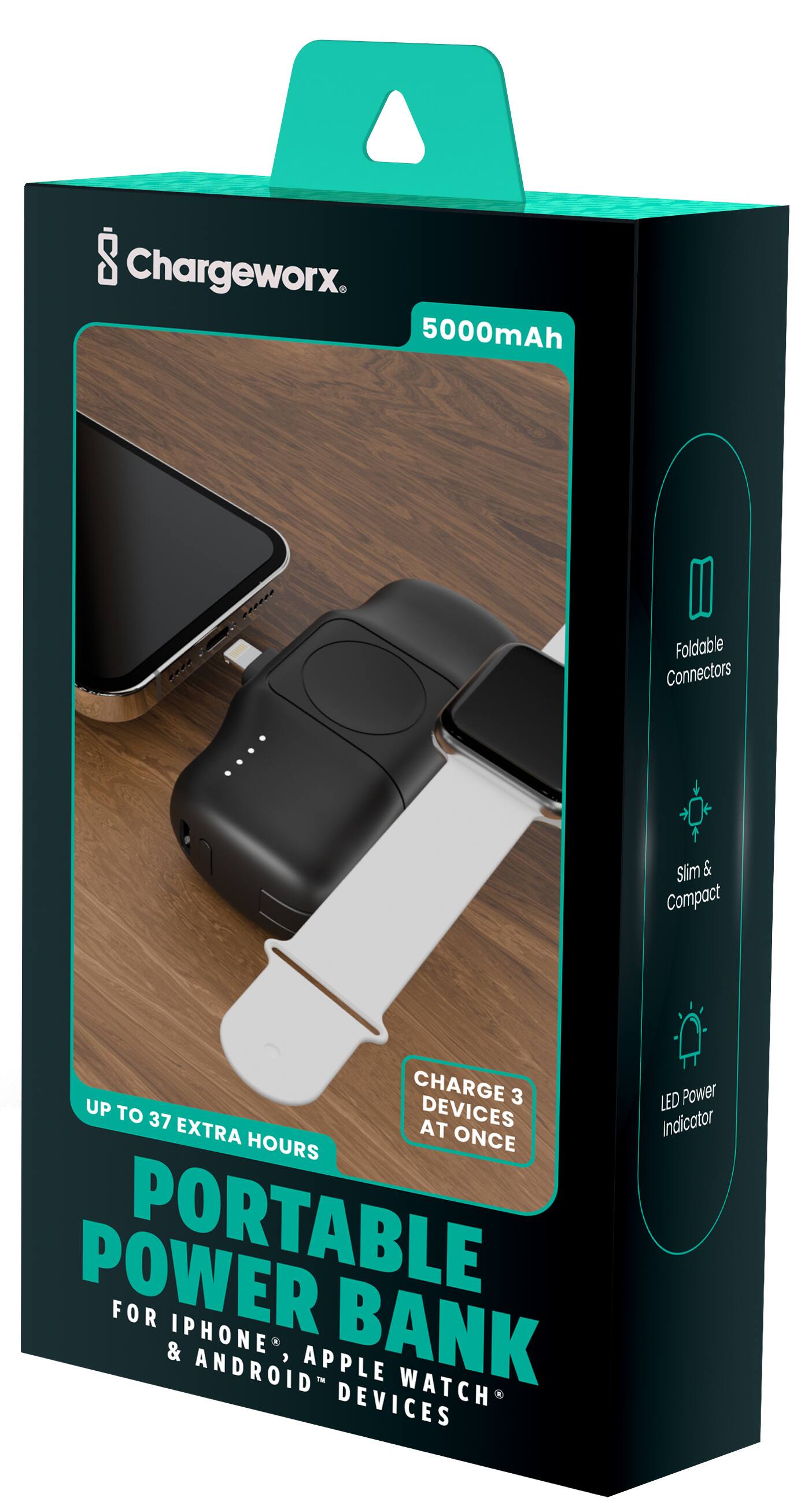The text on the image reads: "Chargeworx 5000mAh Slim & Compact Portable Power Bank for iPhone, Android & Apple Watch Devices. LED Power Indicator. 37 Hours of Extra Power. 3 Foldable Connectors. 37 Hours of Extra Power. 3 Foldable Connectors. 37 Hours of Extra Power. 3 Foldable Connectors."
