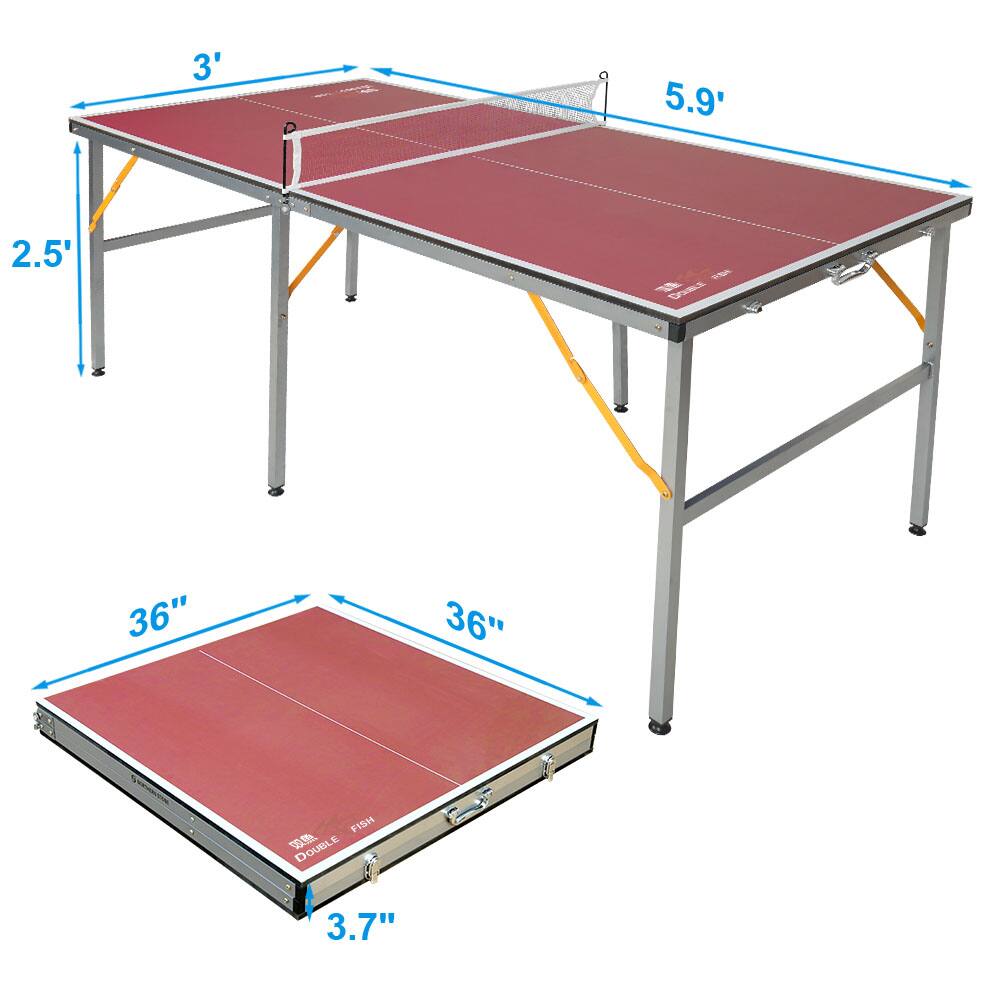 3' x 5.9' table  
2.5' height  
36" x 36" playing surface  
3.7" thickness  
Double Fish brand