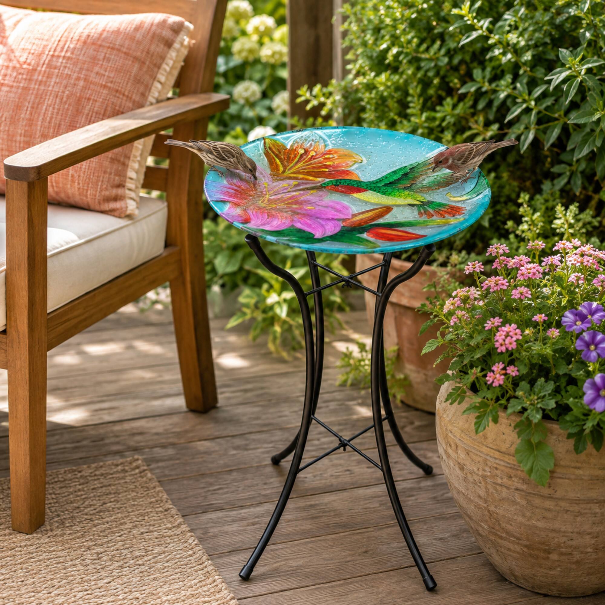 Angle. Teamson Home - 18-Inch Hummingbird Glass Bird Bath Bowl.