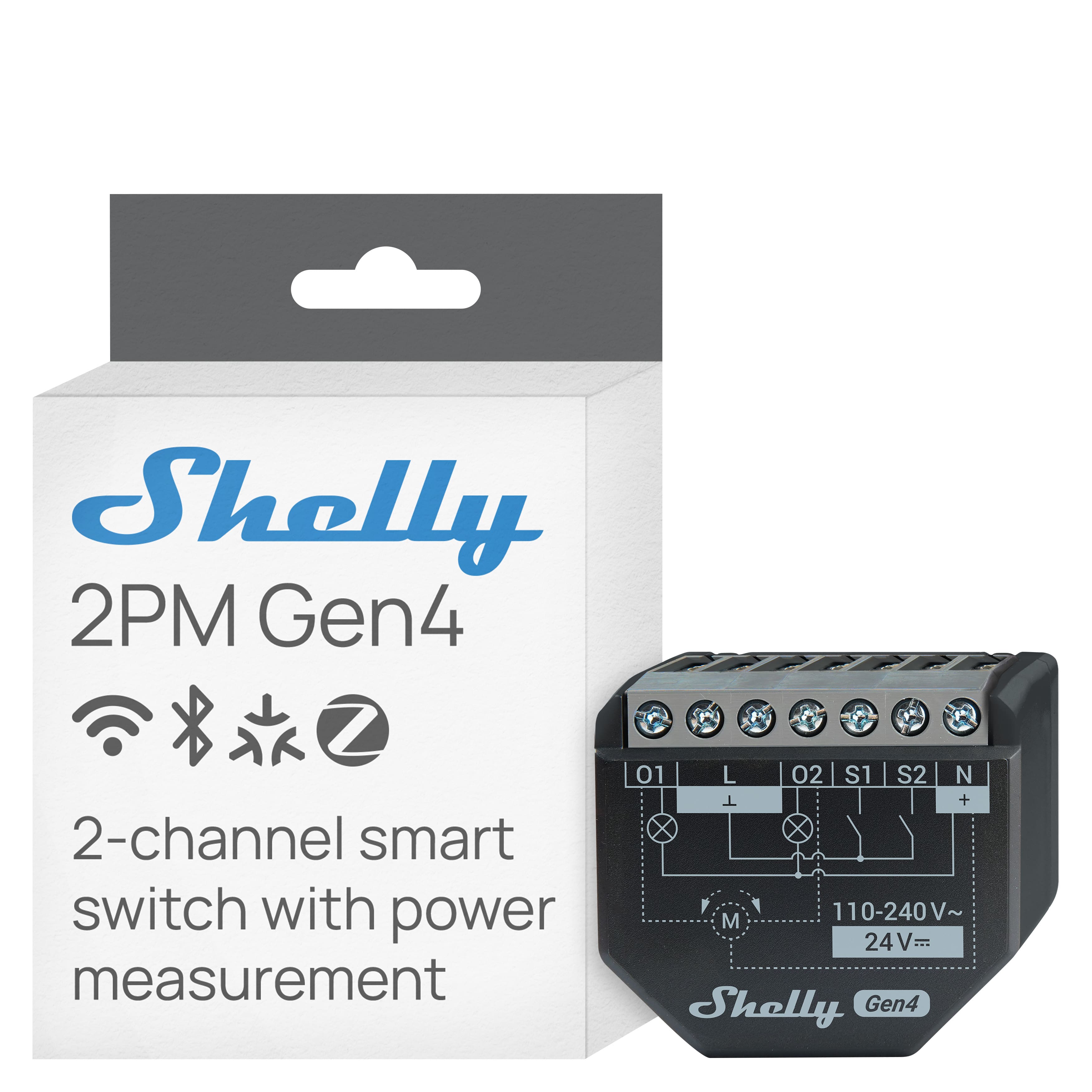 Shelly 2PM Gen4
2-channel smart switch with power measurement
01 L
02 S1 S2
T + M
110-240V~
24V=
Shelly Gen4