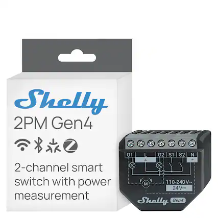 Shelly 2PM Gen4
2-channel smart switch with power measurement
01 L
02 S1 S2
T + M
110-240V~
24V=
Shelly Gen4