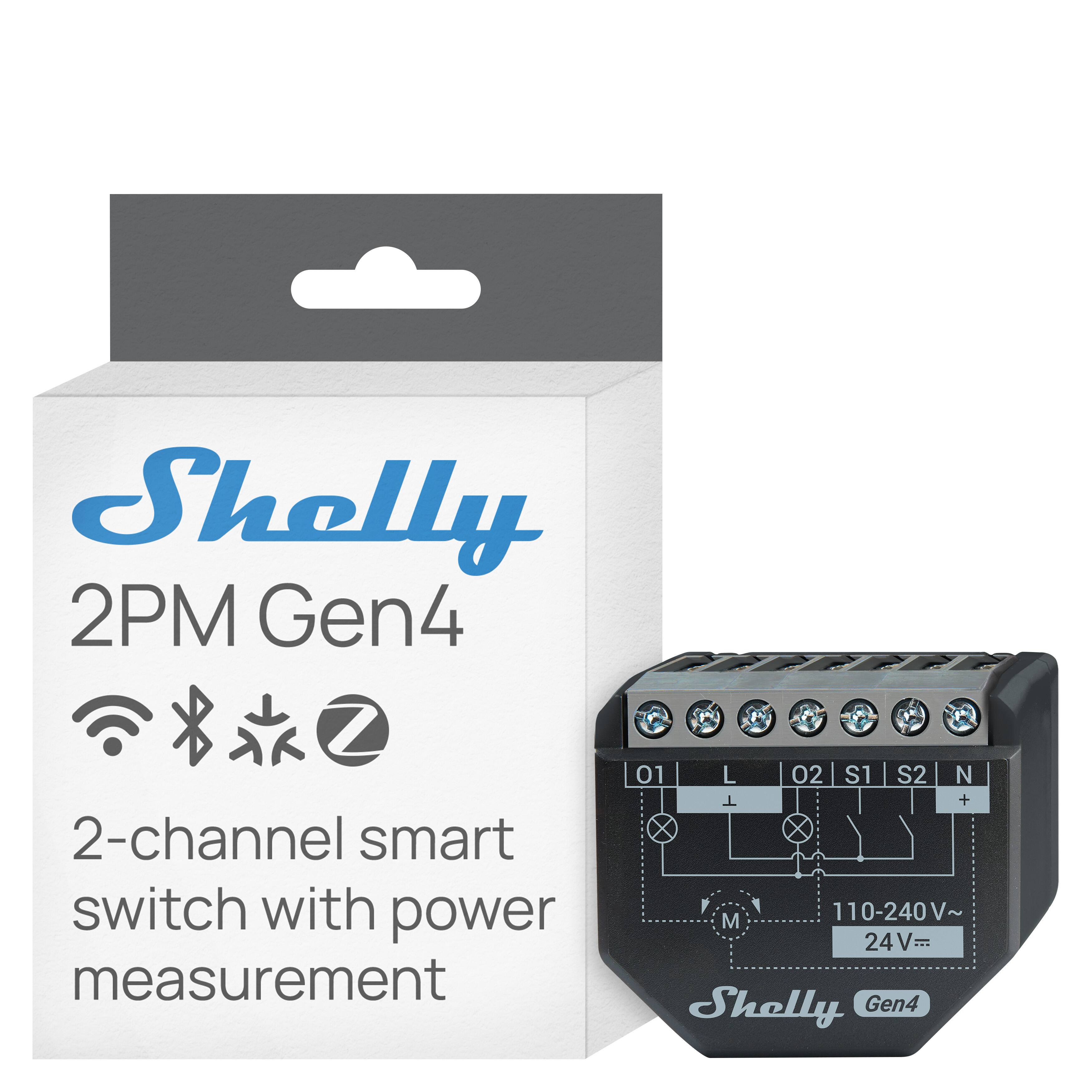 Shelly 2PM Gen4  
2-channel smart switch with power measurement  

01 L  
02 S1 S2  
T + M  
110-240V~  
24V=  
Shelly Gen4