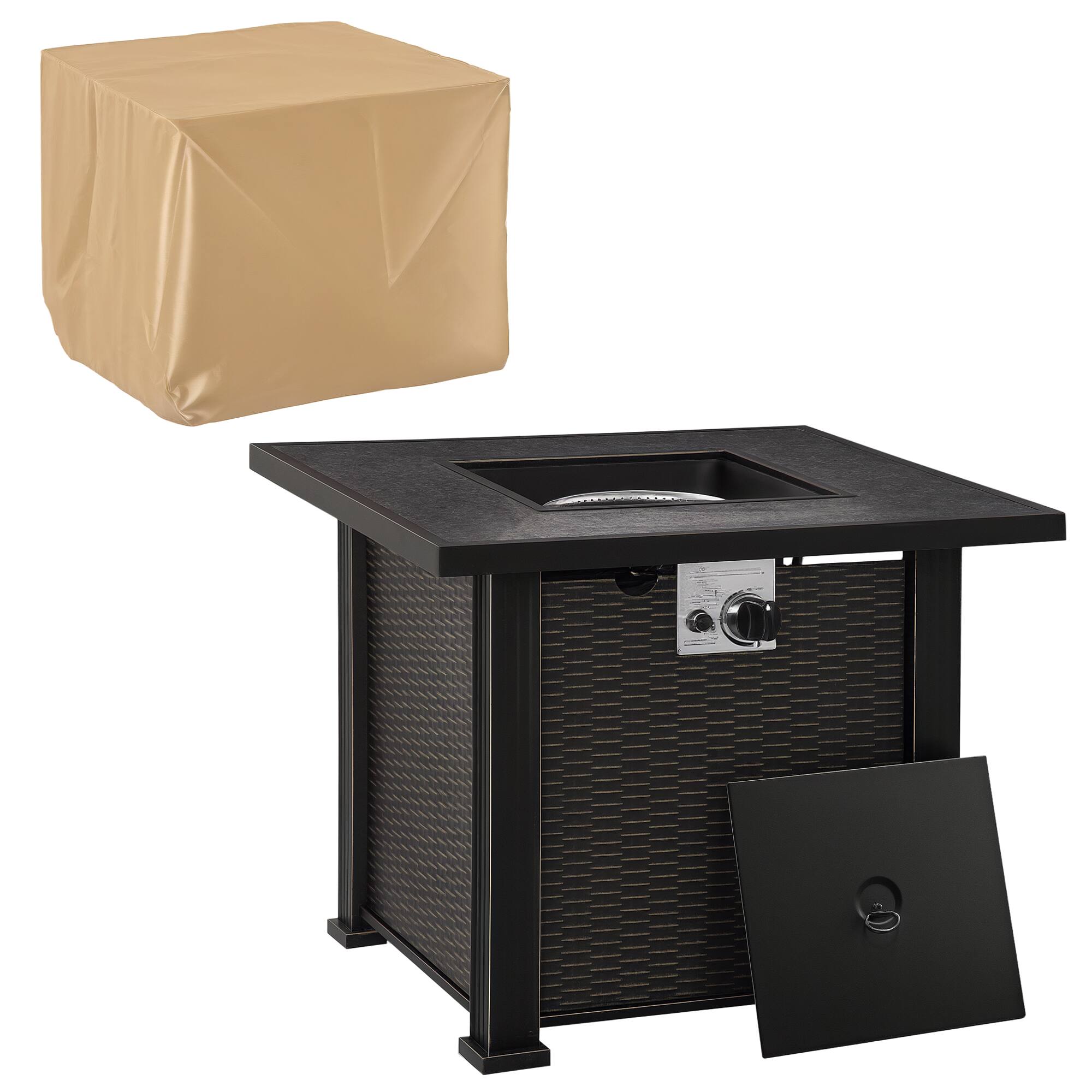 Outsunny - 30 Inch Outdoor Propane Gas Fire Pit Table, 50,000 BTU Auto-Ignition Square Wicker-effect Gas Firepit - Black