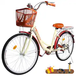Topteng - 26 Inch Women's Cruiser Bike - 7 Speed, High Carbon Steel Frame, City Commuter with Adjustable Seat and Basket - Cream - Beige