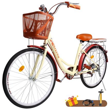 Front. Topteng - 26 Inch Women's Cruiser Bike - 7 Speed, High Carbon Steel Frame, City Commuter with Adjustable Seat and Basket - Cream - Beige.