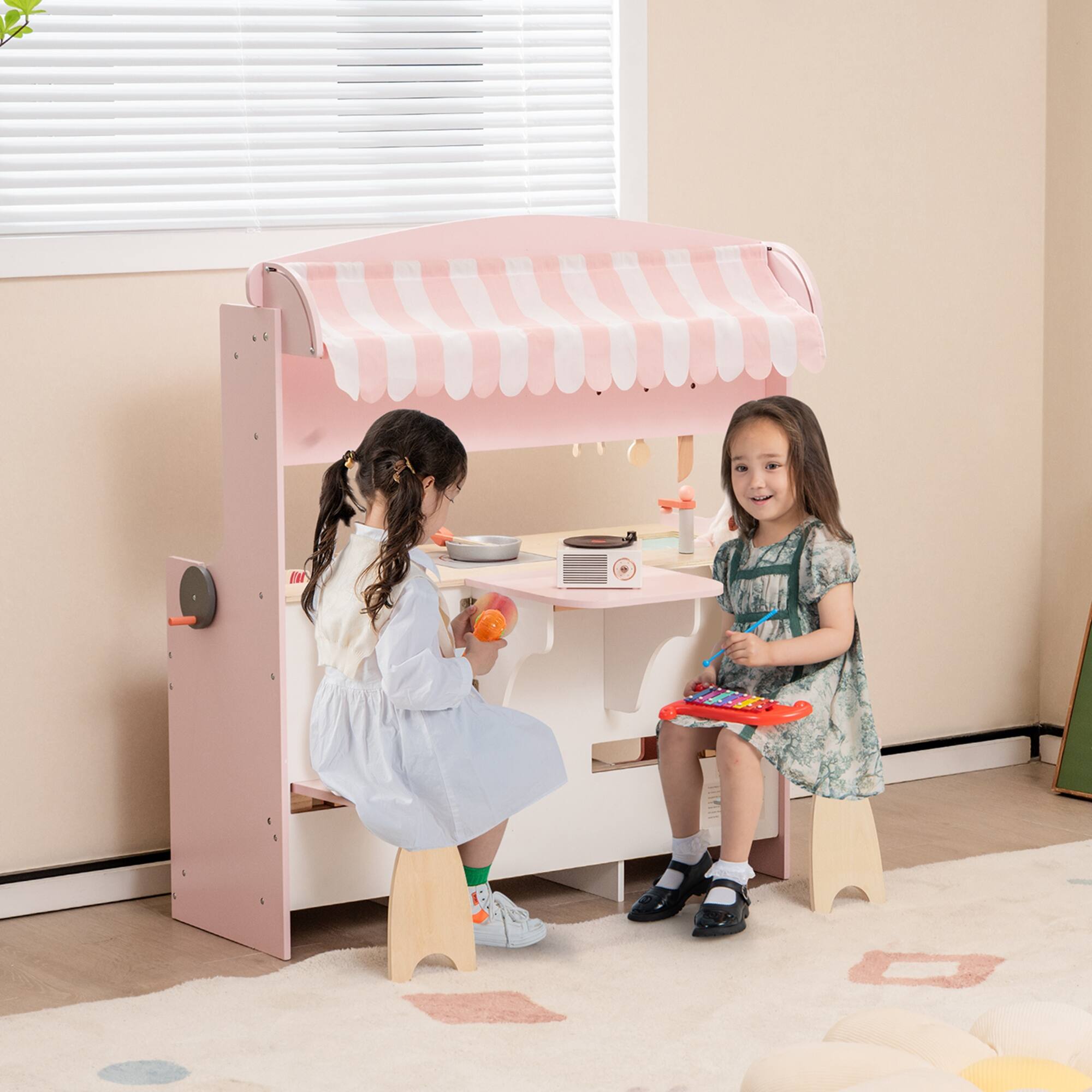 Alt View 3. Costway - Costway 2 in 1 Kids Play Kitchen & Restaurant Double-Sided Pretend Playset with Canopy - Pink.