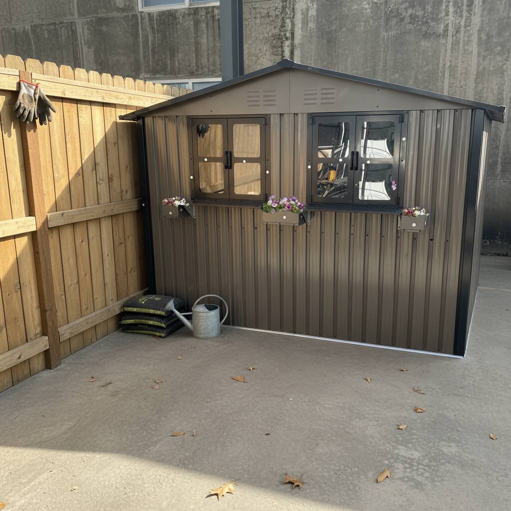 Back. Anysun - 6x9 FT Outdoor Metal Storage Shed with Window & Flower Rack – Lockable Double Doors Tool Shed, Waterproof Weatherproof - Brown.