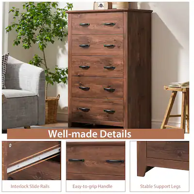 Tall Storage Dresser with 5 Pull-out Drawers for Bedroom Living Room-Walnut | Costway Tall Storage Dresser with 5 Pull-out Drawers for Bedroom Living Room-Walnut | Costway