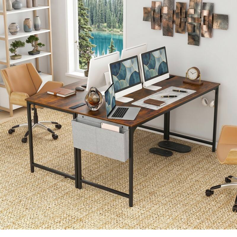 Angle. WELLFOR - 60"  Computer Desk with Charging Station & Storage Bag, Study & Gaming Desk with Metal Frame for Home Office - Rustic Brown.