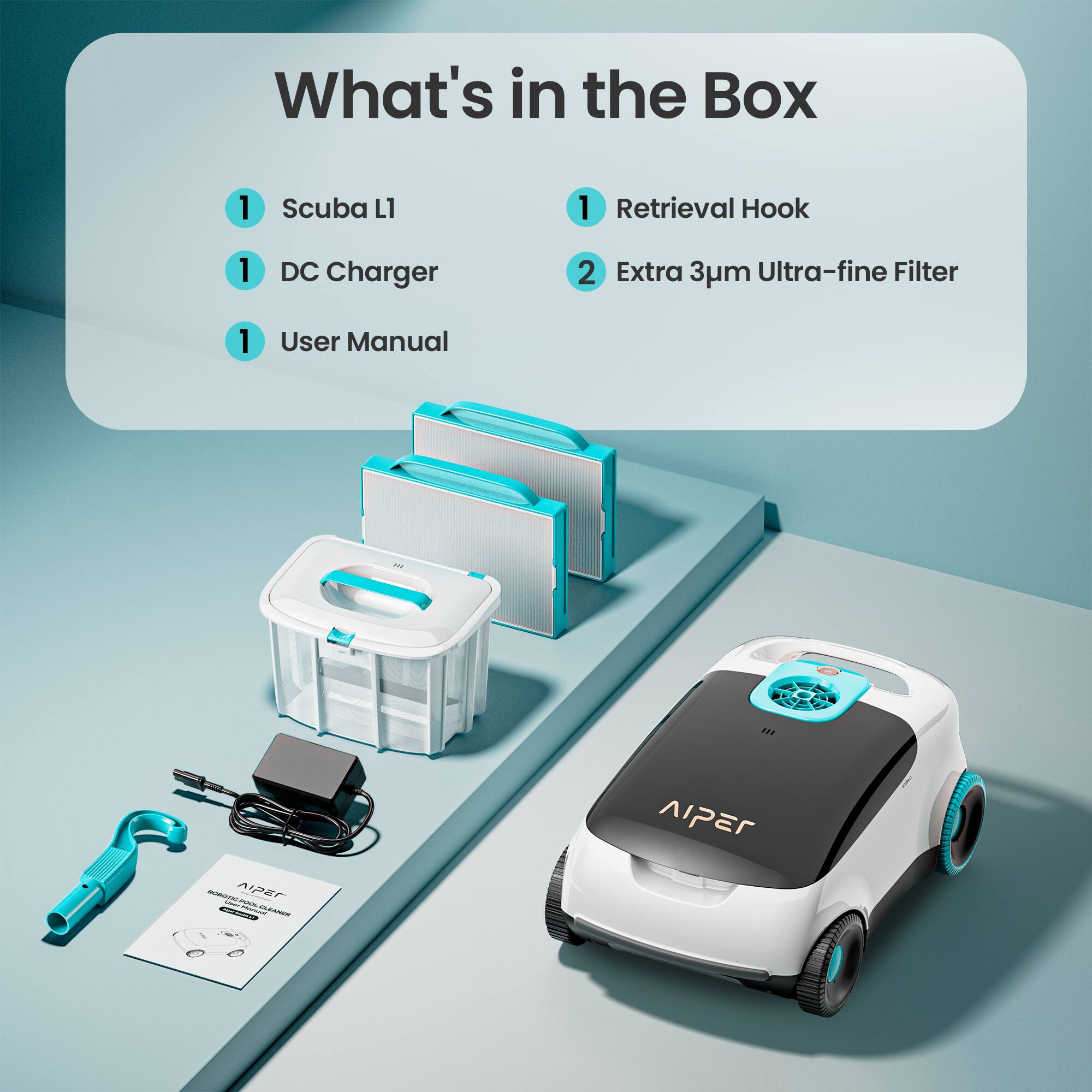 What's in the Box

1 Scuba L1  
1 DC Charger  
1 User Manual  
1 Retrieval Hook  
2 Extra 3µm Ultra-fine Filter  

AVE  
ApEr  
AAET pEr