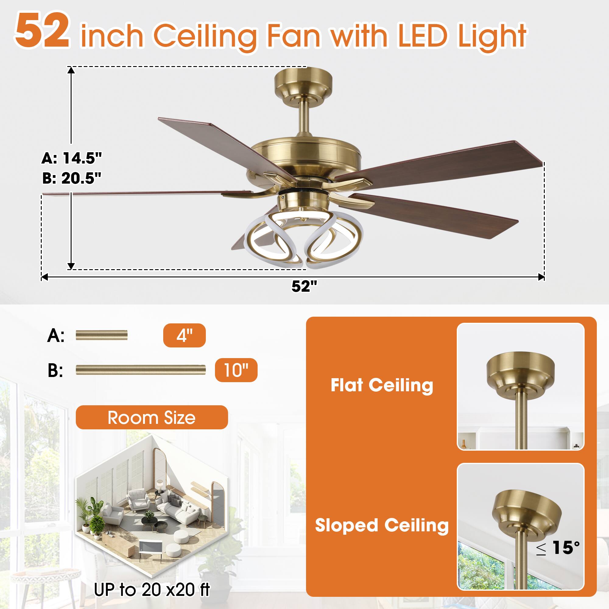 52 inch Ceiling Fan with LED Light

A: 14.5"
B: 20.5"

A: 4"
B: 10"

Room Size: UP to 20 x 20 ft

Flat Ceiling

Sloped Ceiling: ≤ 15°