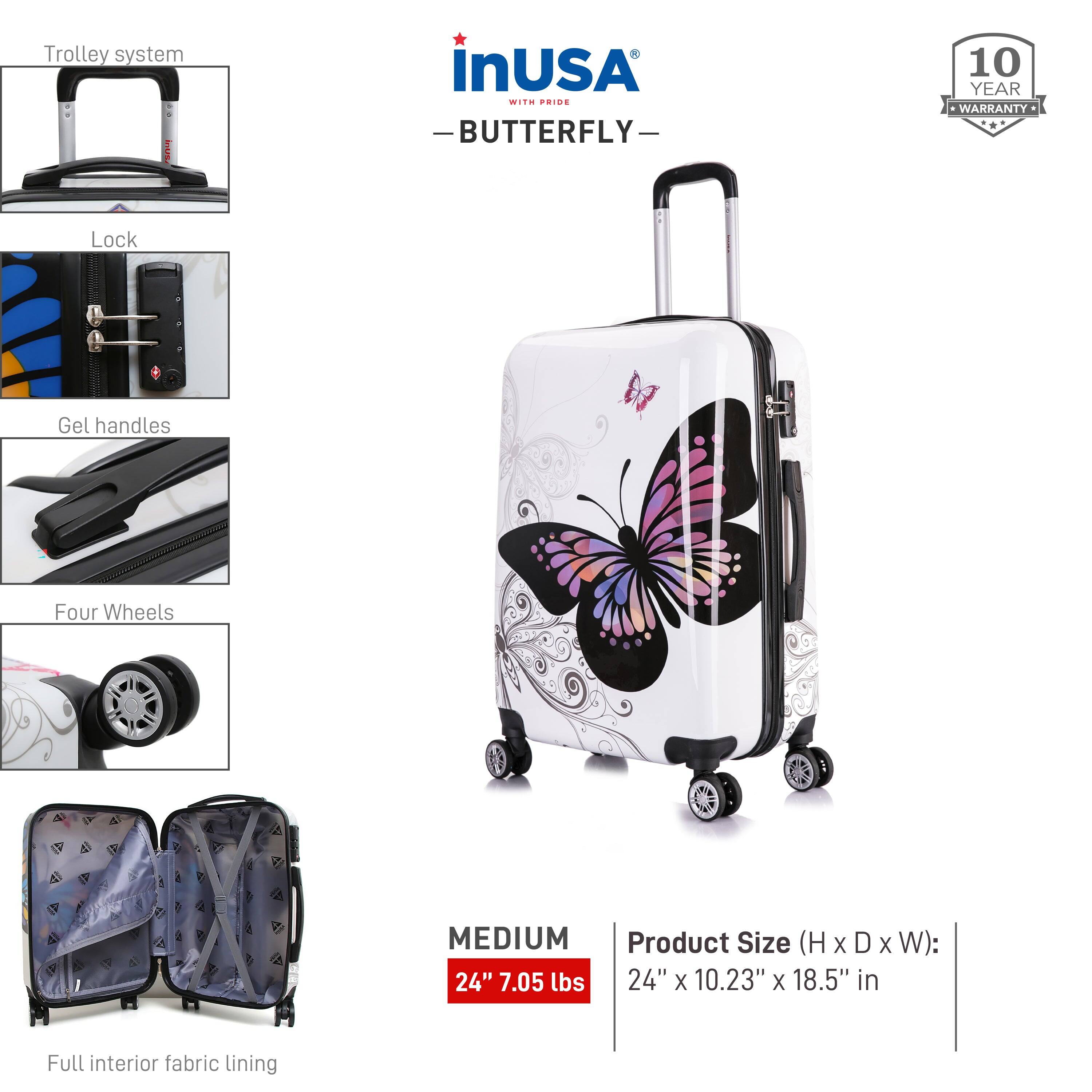 - Trolley system
- Lock
- Gel handles
- Four Wheels
- Full interior fabric lining

**Product Details:**
- Brand: InUSA
- Model: BUTTERFLY
- Size: MEDIUM
- Dimensions: 24" x 10.23" x 18.5" in
- Weight: 7.05 lbs
- Warranty: 10 YEAR WARRANTY

**Design:**
- Butterfly design on the suitcase