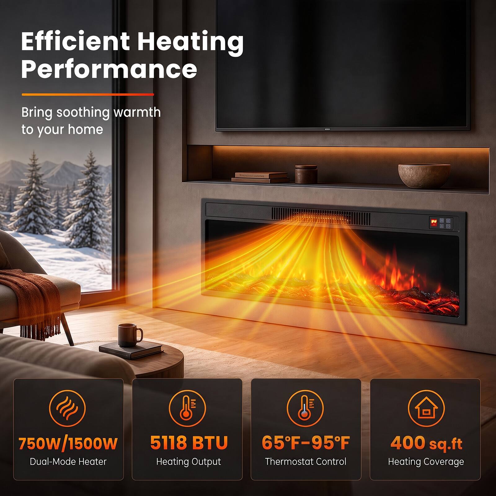 Efficient Heating Performance  
Bring soothing warmth to your home  

750W/1500W Dual-Mode Heater  
5118 BTU Heating Output  
65°F-95°F Thermostat Control  
400 sq.ft Heating Coverage