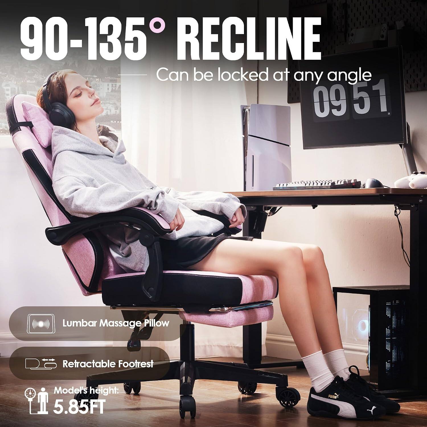 90-135° RECLINE  
Can be locked at any angle  
09 51  

Lumbar Massage Pillow  
Retractable Footrest  
Moder's height: 5.85FT