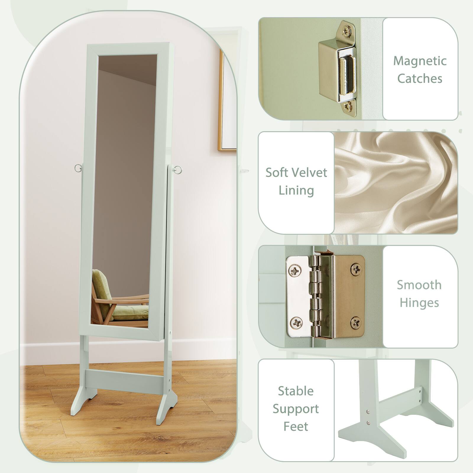 Magnetic Catches  
Soft Velvet Lining  
Smooth Hinges  
Stable Support Feet
