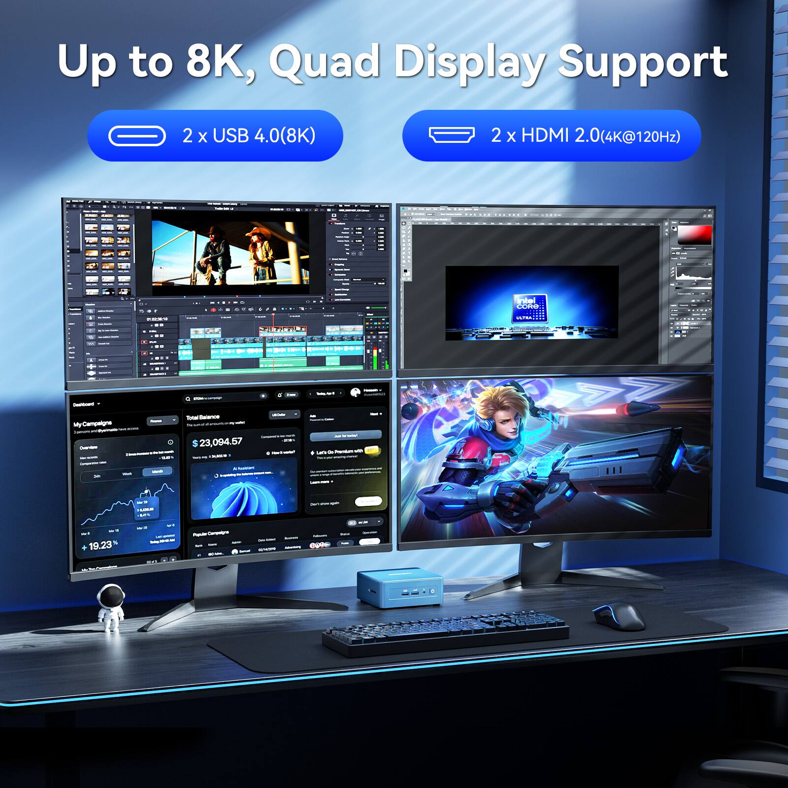 Up to 8K, Quad Display Support  
2 x USB 4.0(8K)  
2 x HDMI 2.0(4K@120Hz)  
Intel