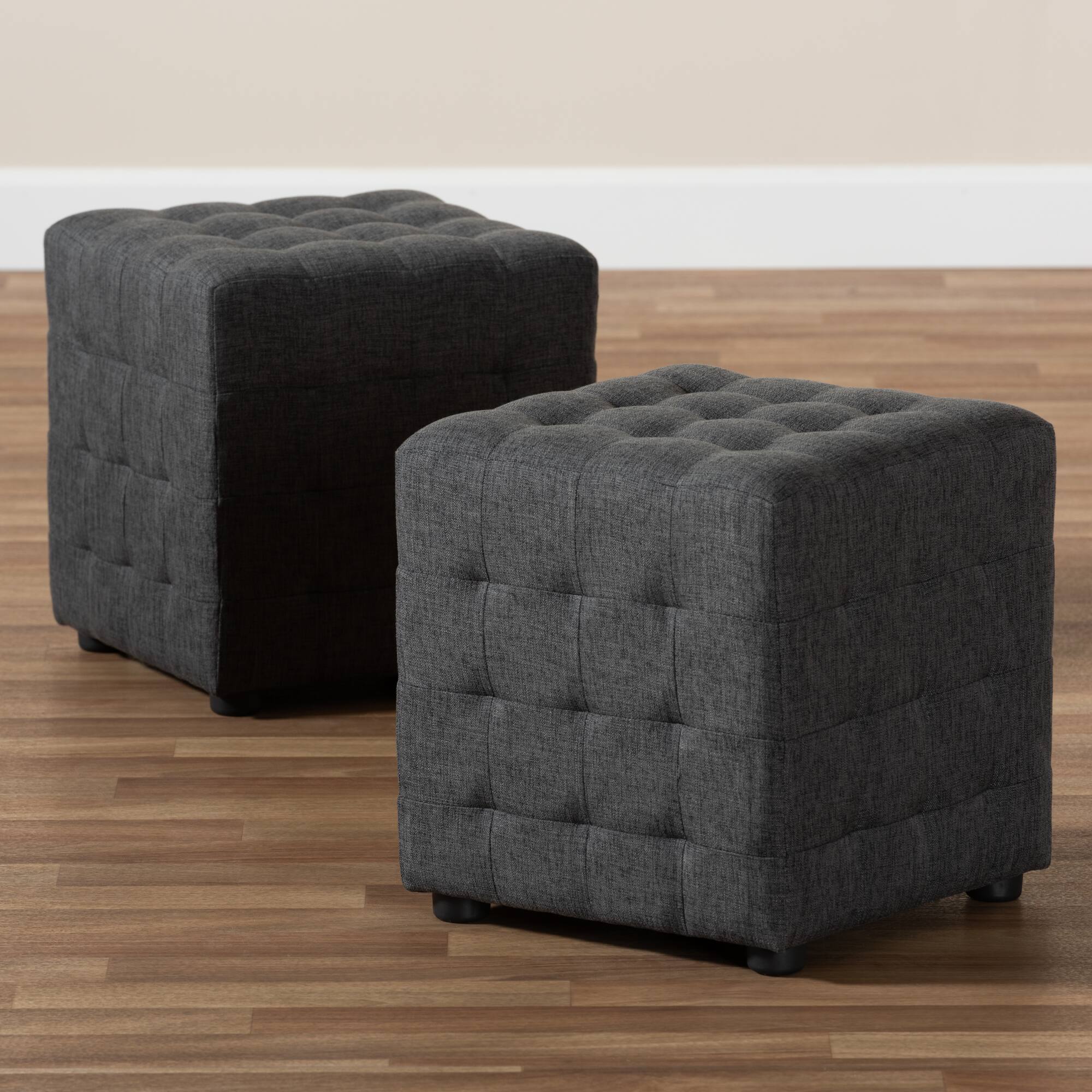 Alt View 1. Baxton Studio - Elladio Modern and Contemporary Fabric Upholstered Tufted Cube Ottoman Set - Charcoal.
