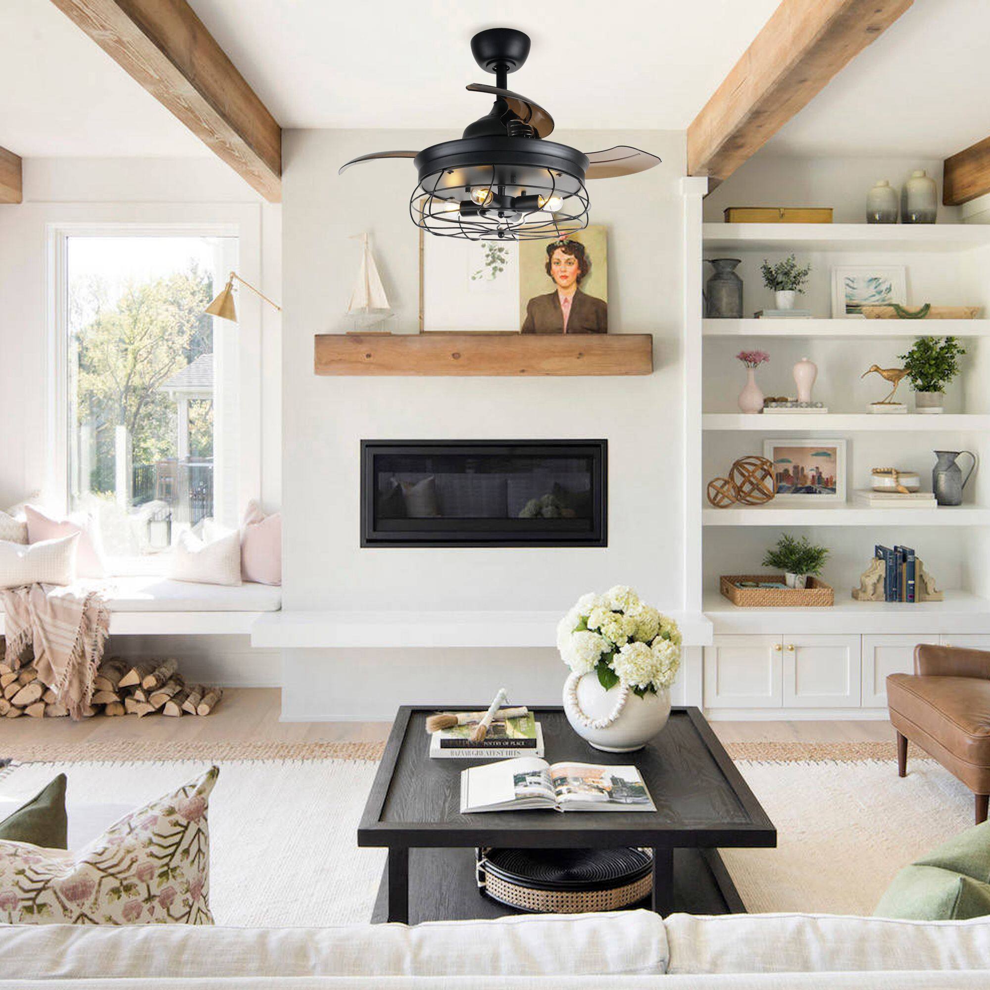 Left. Parrot Uncle - 36" Retractable 3-Blade Ceiling Fan with Light Kit - Matte Black.