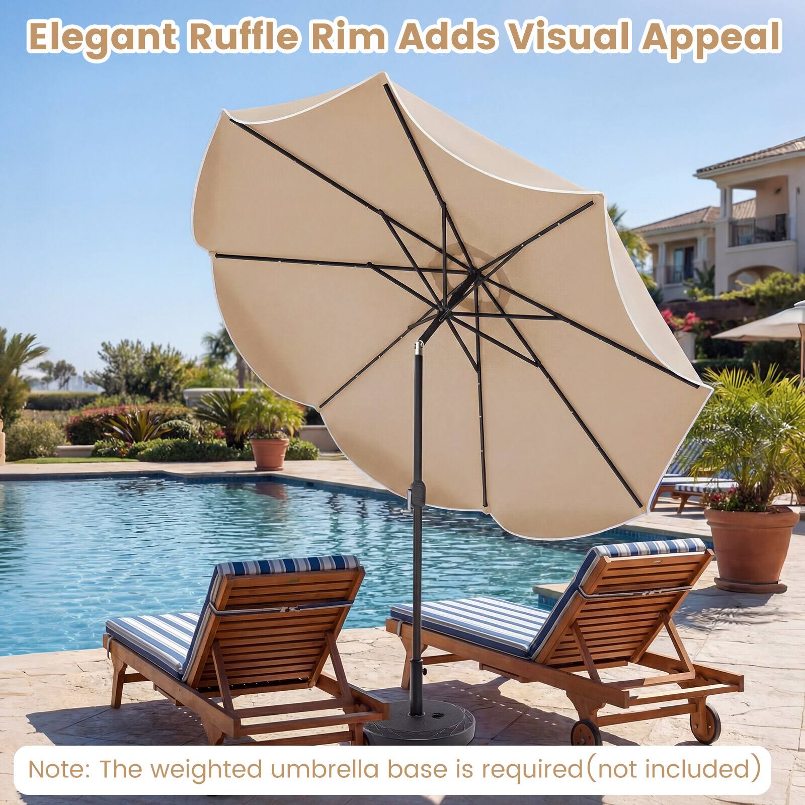 Elegant Ruffle Rim Adds Visual Appeal

Note: The weighted umbrella base is required (not included)