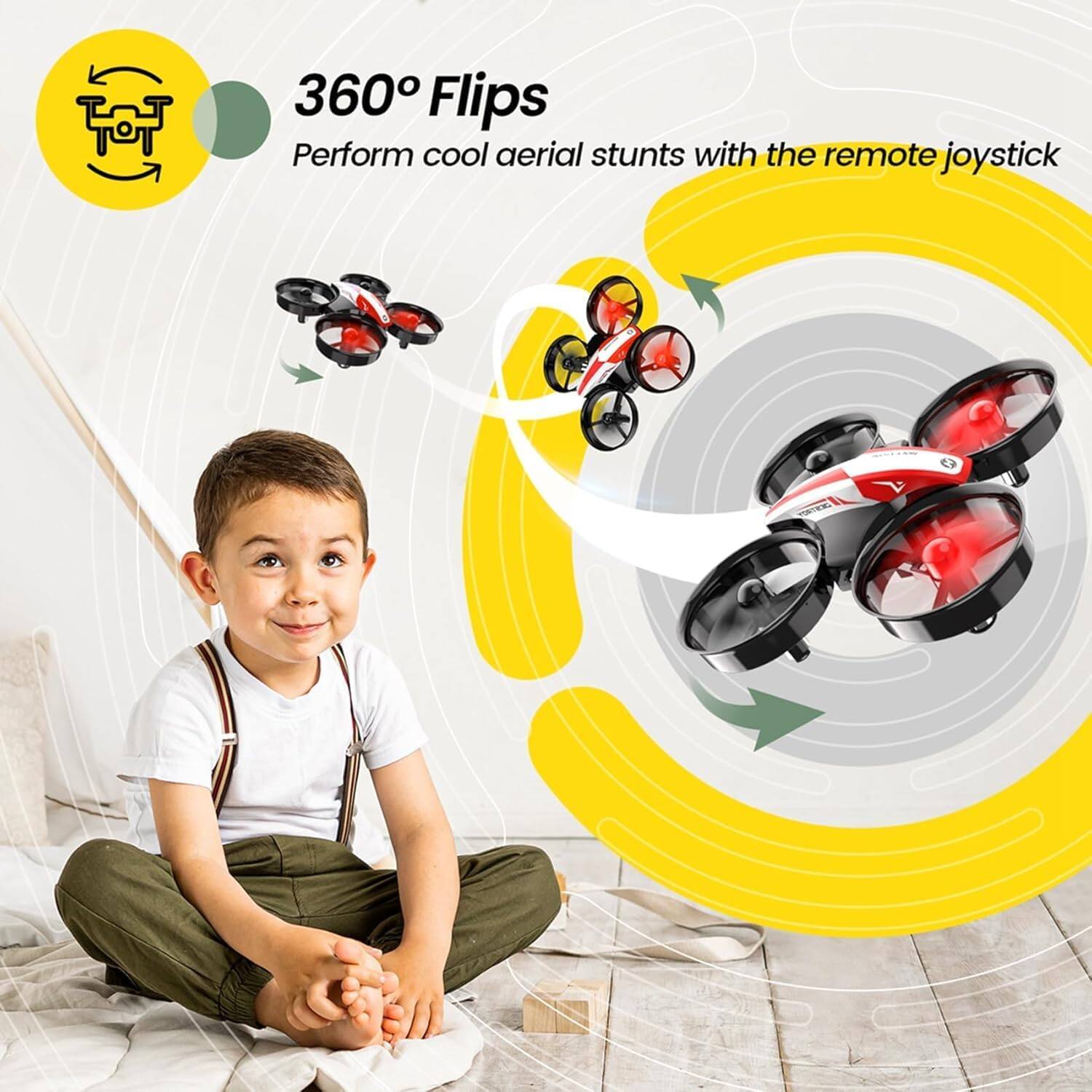 360° Flips  
Perform cool aerial stunts with the remote joystick
