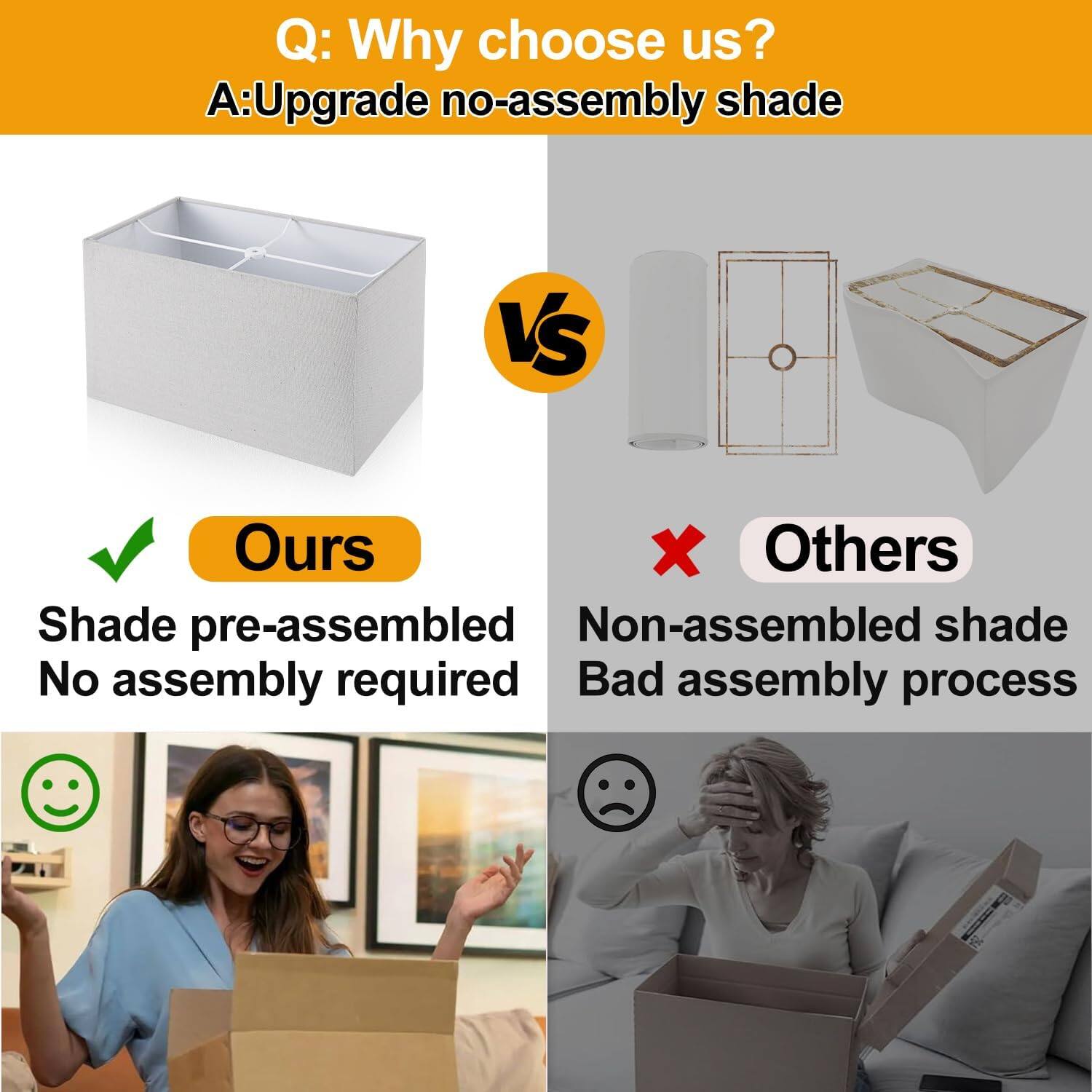 Q: Why choose us?  
A: Upgrade no-assembly shade  

Ours  
Shade pre-assembled  
No assembly required  

Others  
Non-assembled shade  
Bad assembly process