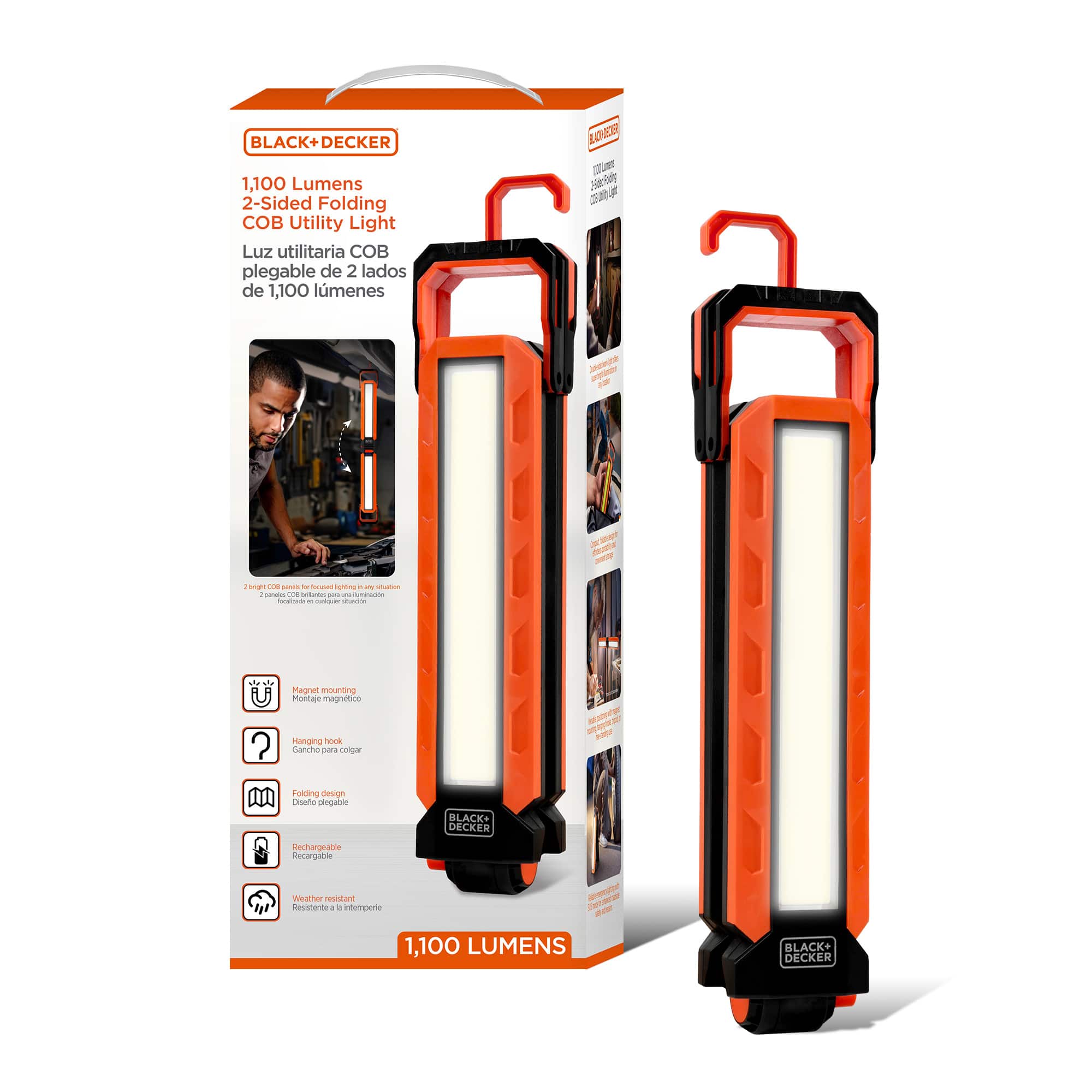Black+Decker - 2-Sided COB Rechargeable LED Work Light w/ Magnetic Mount, 1,100 Lumens - Orange