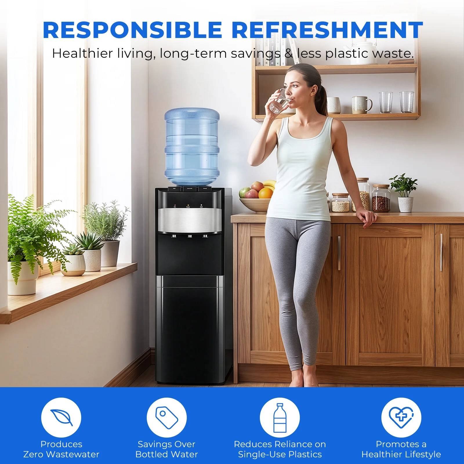 RESPONSIBLE REFRESHMENT  
Healthier living, long-term savings & less plastic waste.  
- Produces Zero Wastewater  
- Savings Over Bottled Water  
- Reduces Reliance on Single-Use Plastics  
- Promotes a Healthier Lifestyle