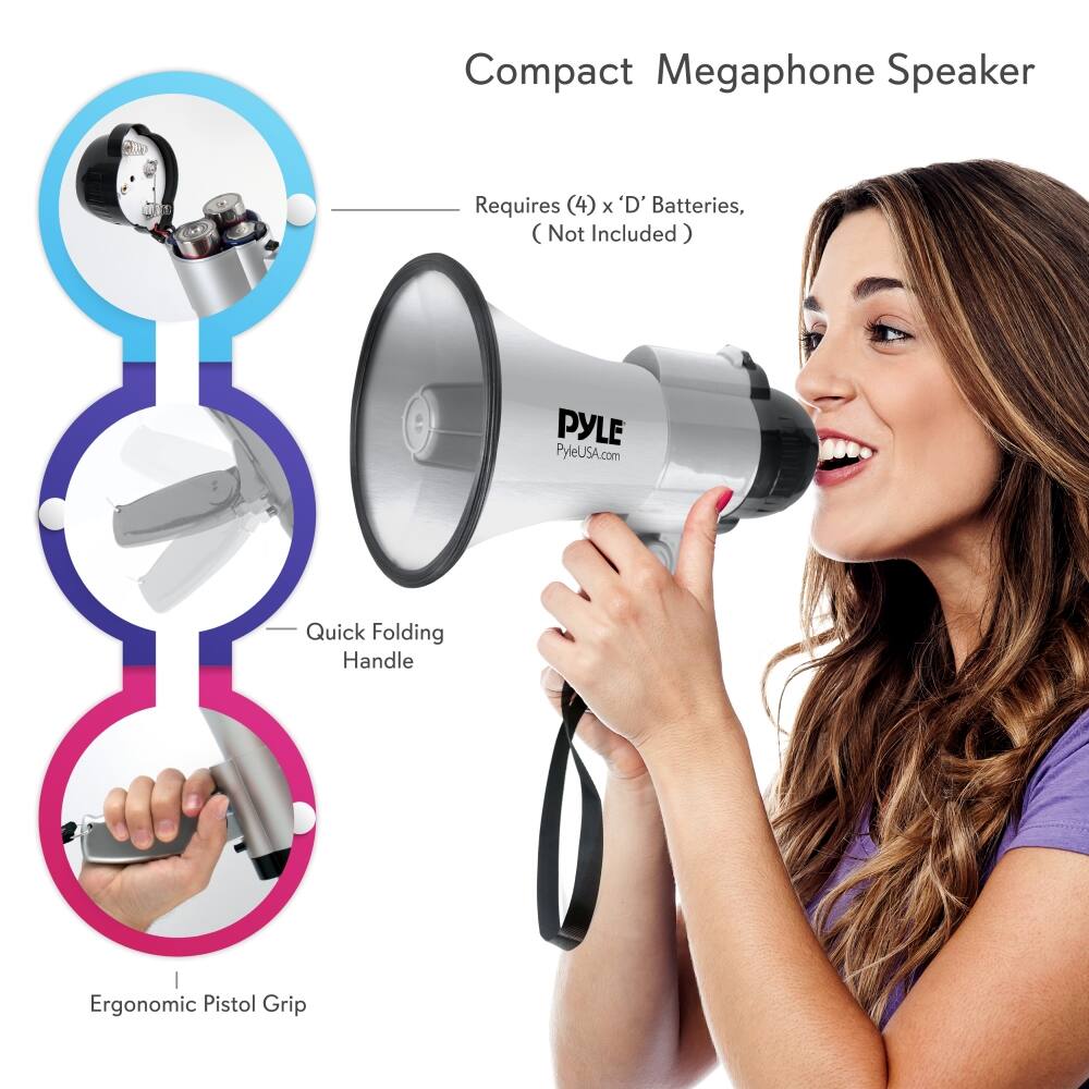Compact Megaphone Speaker

- Requires (4) x 'D' Batteries, (Not Included)
- Quick Folding Handle
- Ergonomic Pistol Grip

PYLE
PyleUSA.com