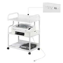 Vecelo - 3 Tier Printer Stand with Power Outlet, Rolling Metal Printer Cart with Storage Shelves - White
