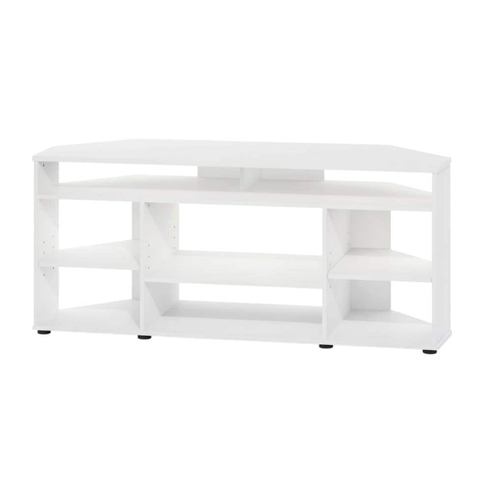 FurniFact - Corner TV Stand, up to 55-Inch Flat Screens, Solid Rubberwood - White
