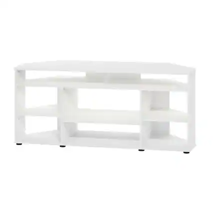 Front. FurniFact - White Corner TV Stand, up to 55-Inch Flat Screens, Solid Rubberwood - White.