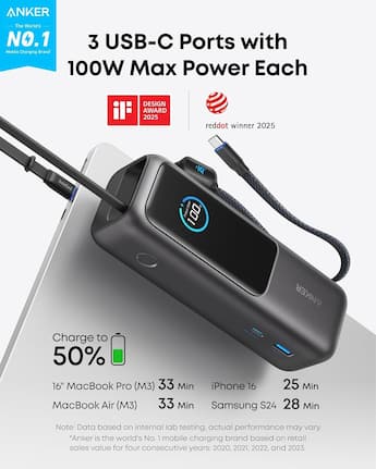 Anker Laptop Power Bank (25K, 165W, Built In and Retractable Anker Laptop Power Bank (25K, 165W, Built In and Retractable