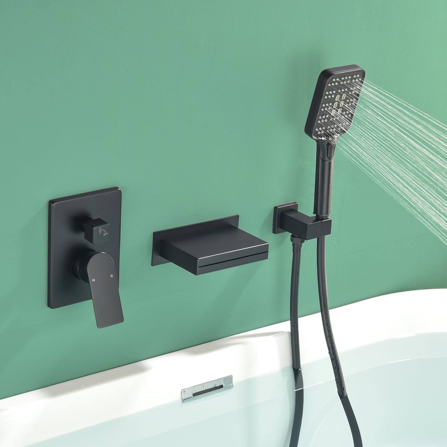 Alt View 4. Boyel Living - Black Bathtub Faucet 2-Function Brass Pressure Balance Valve 3-Function Hand Shower 1.5m PVC Hose - Matte Black.