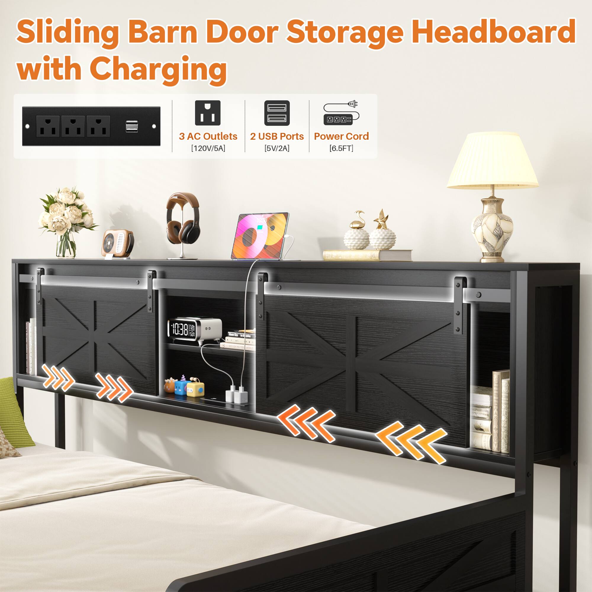 Sliding Barn Door Storage Headboard with Charging

- 3 AC Outlets (120V/5A)
- 2 USB Ports (5V/2A)
- Power Cord (6.5FT)