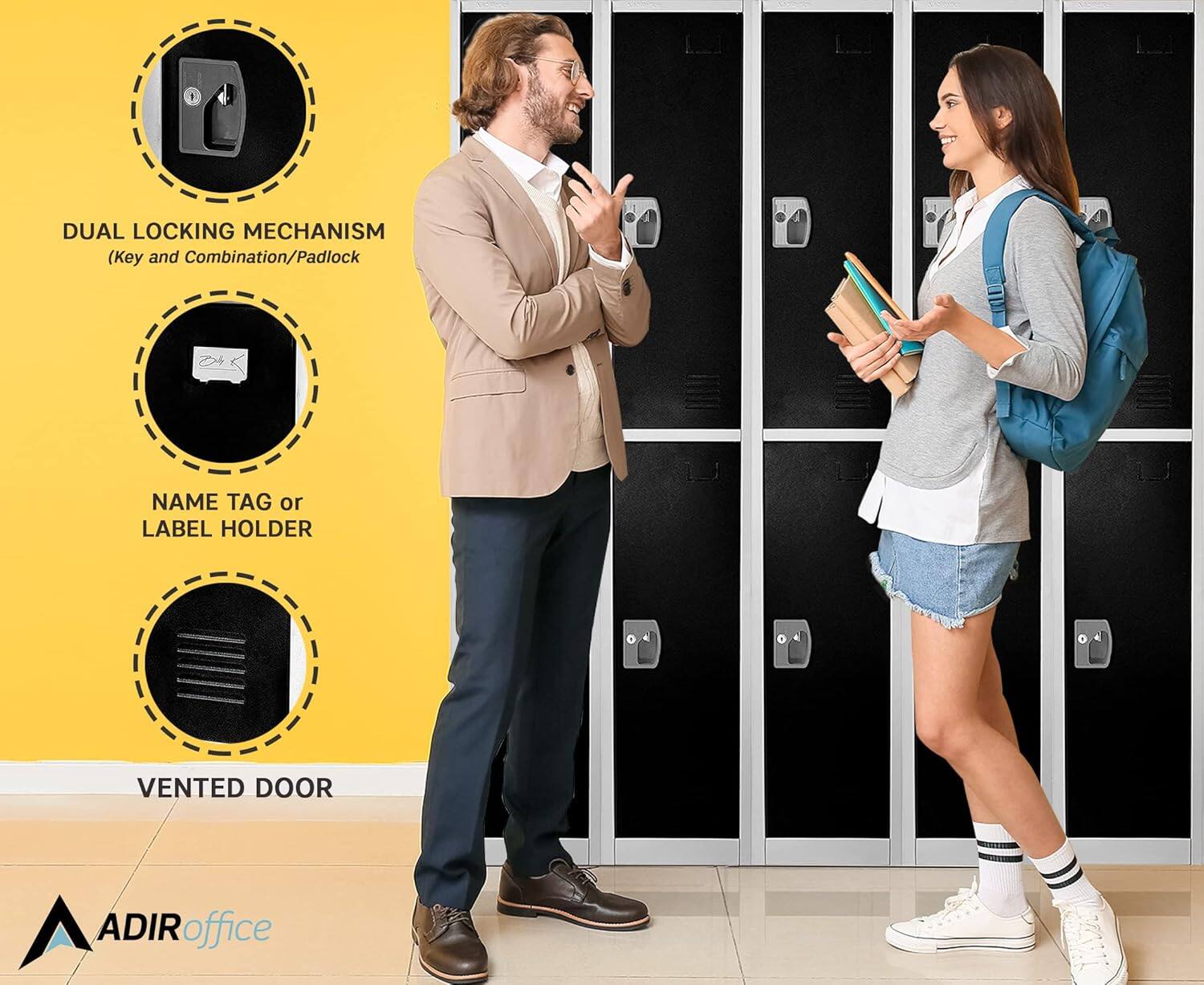 DUAL LOCKING MECHANISM (Key and Combination/Padlock), NAME TAG or LABEL HOLDER, VENTED DOOR, ADIRoffice