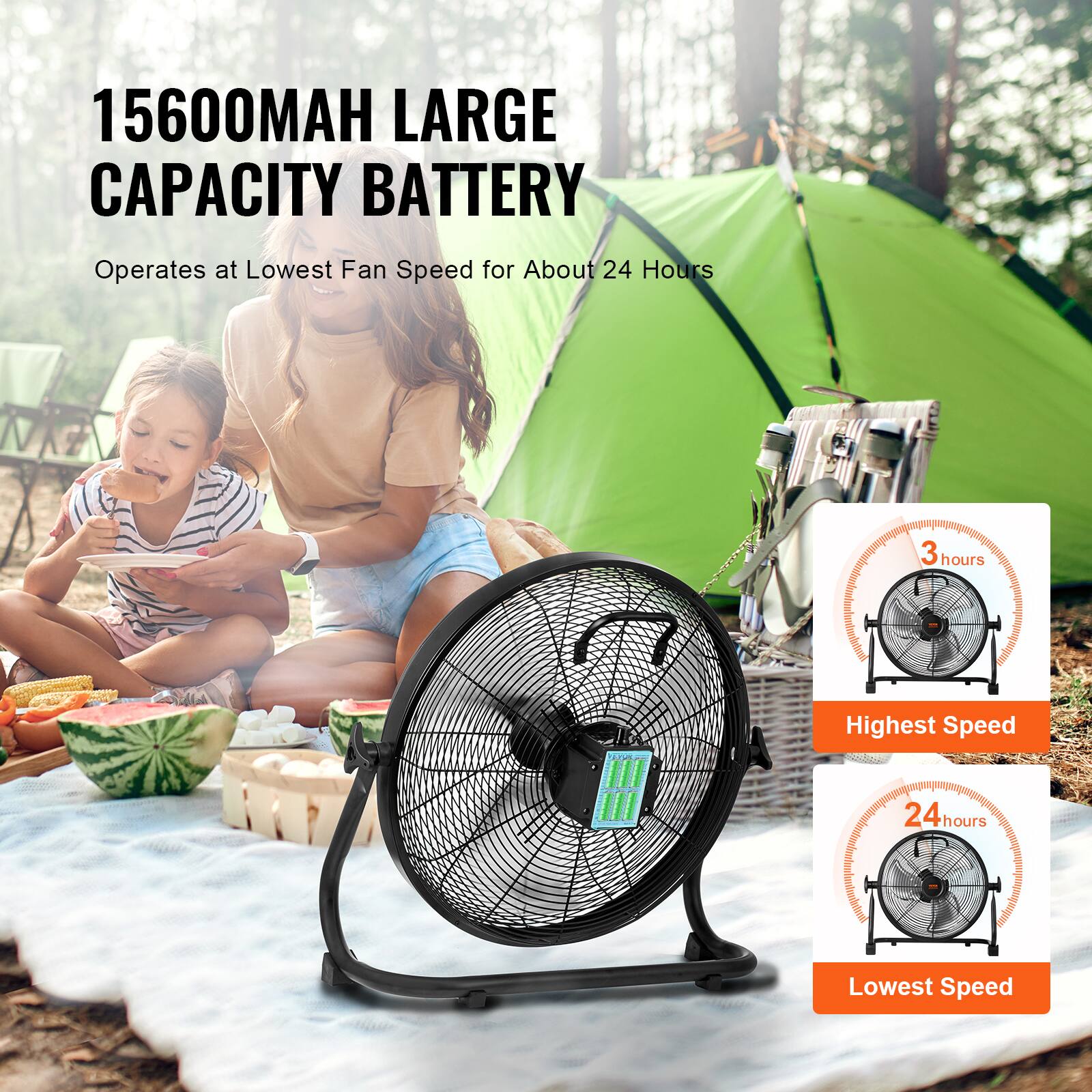 15600MAH LARGE CAPACITY BATTERY  
Operates at Lowest Fan Speed for About 24 Hours  

Highest Speed  
3 hours  

Lowest Speed  
24 hours