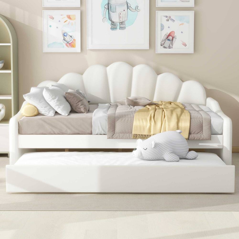 Left. Loheer - Loheer Full Size Upholstered Daybed with Trundle White Velvet Shell Shaped Backrest Sofa Bed - White.