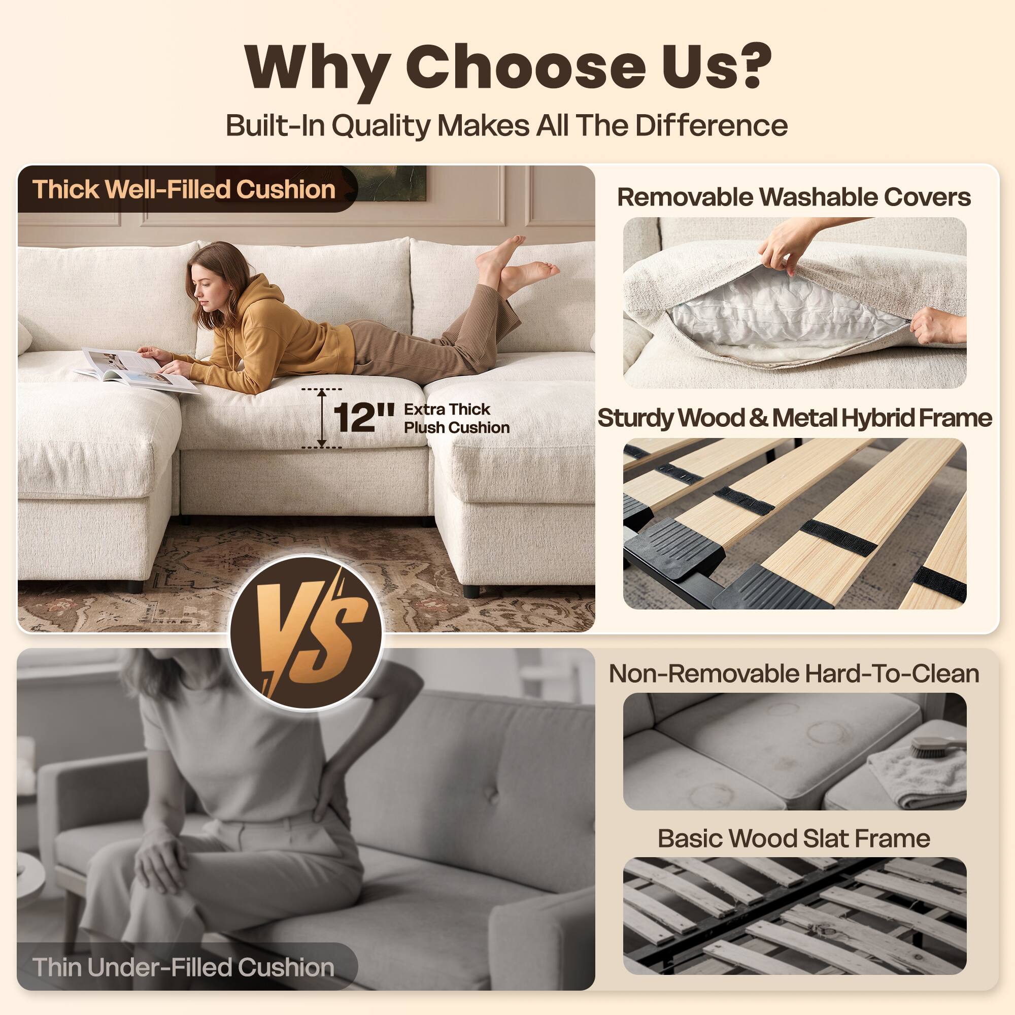 Why Choose Us?  
Built-In Quality Makes All The Difference

- Thick Well-Filled Cushion
- Removable Washable Covers
- Extra Thick 12" Plush Cushion
- Sturdy Wood & Metal Hybrid Frame

VS

- Non-Removable Hard-To-Clean
- Basic Wood Slat Frame
- Thin Under-Filled Cushion