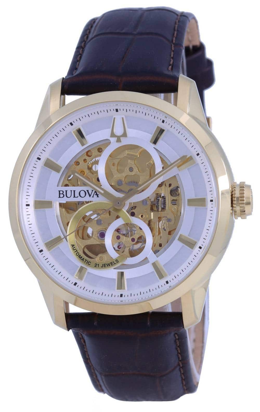 Bulova - Classic Sutton Automatic 21 Jewels 97A138 Mens Watch Skeleton White Dial Leather Strap - Brown