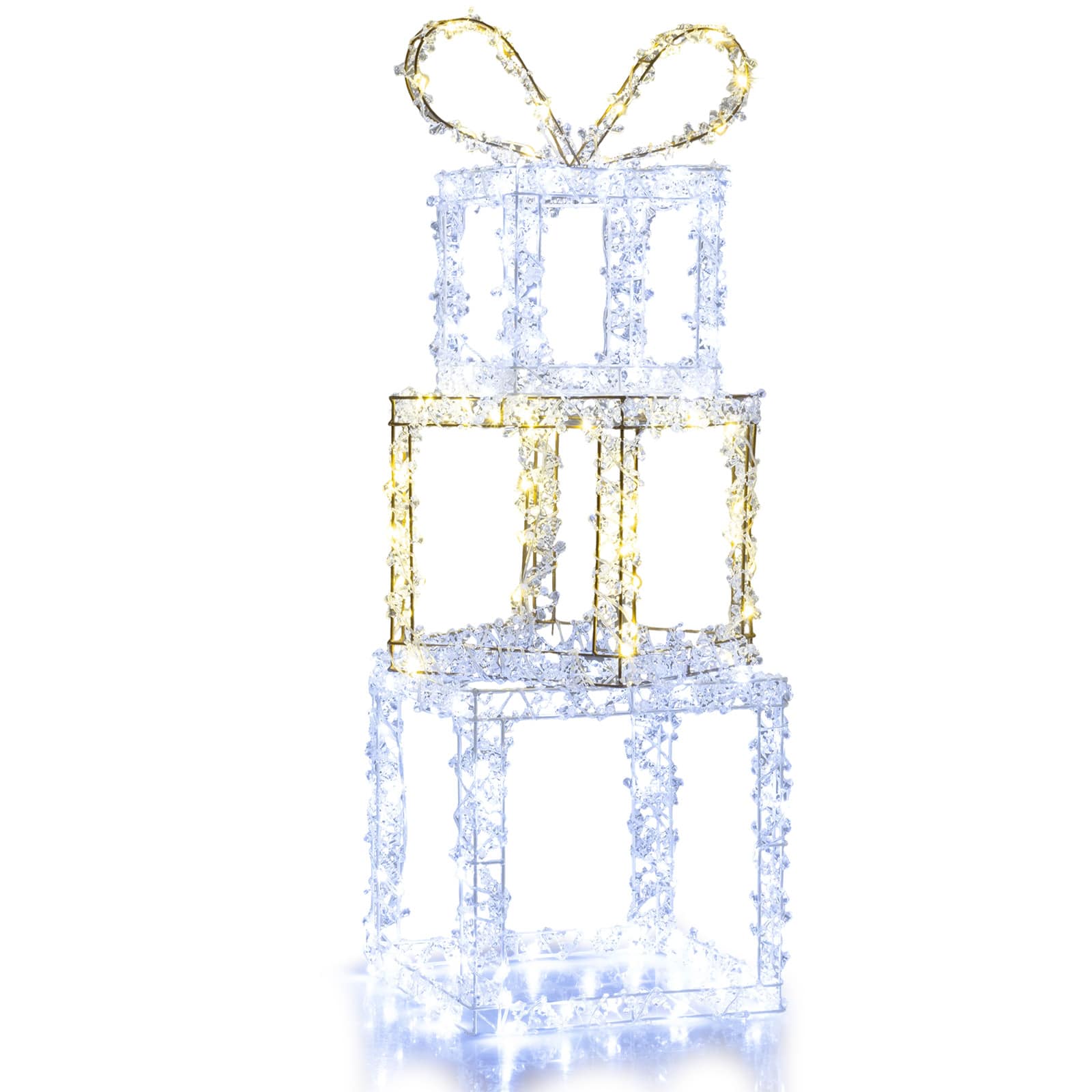 Gymax - Outdoor Set of 3 Pre-Lit Christmas Present Box Lights w/Warm & Cold White LED Lights - Multi-color