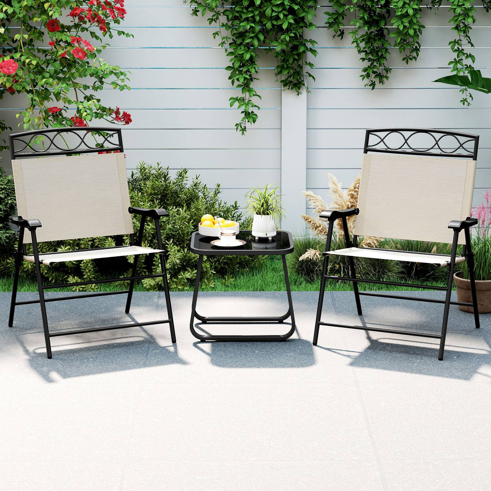 Alt View 7. Gymax - Gymax 4 Pack Patio Folding Chairs w/ Backrests & Armrests Metal Frame Outdoor Beige - Beige.