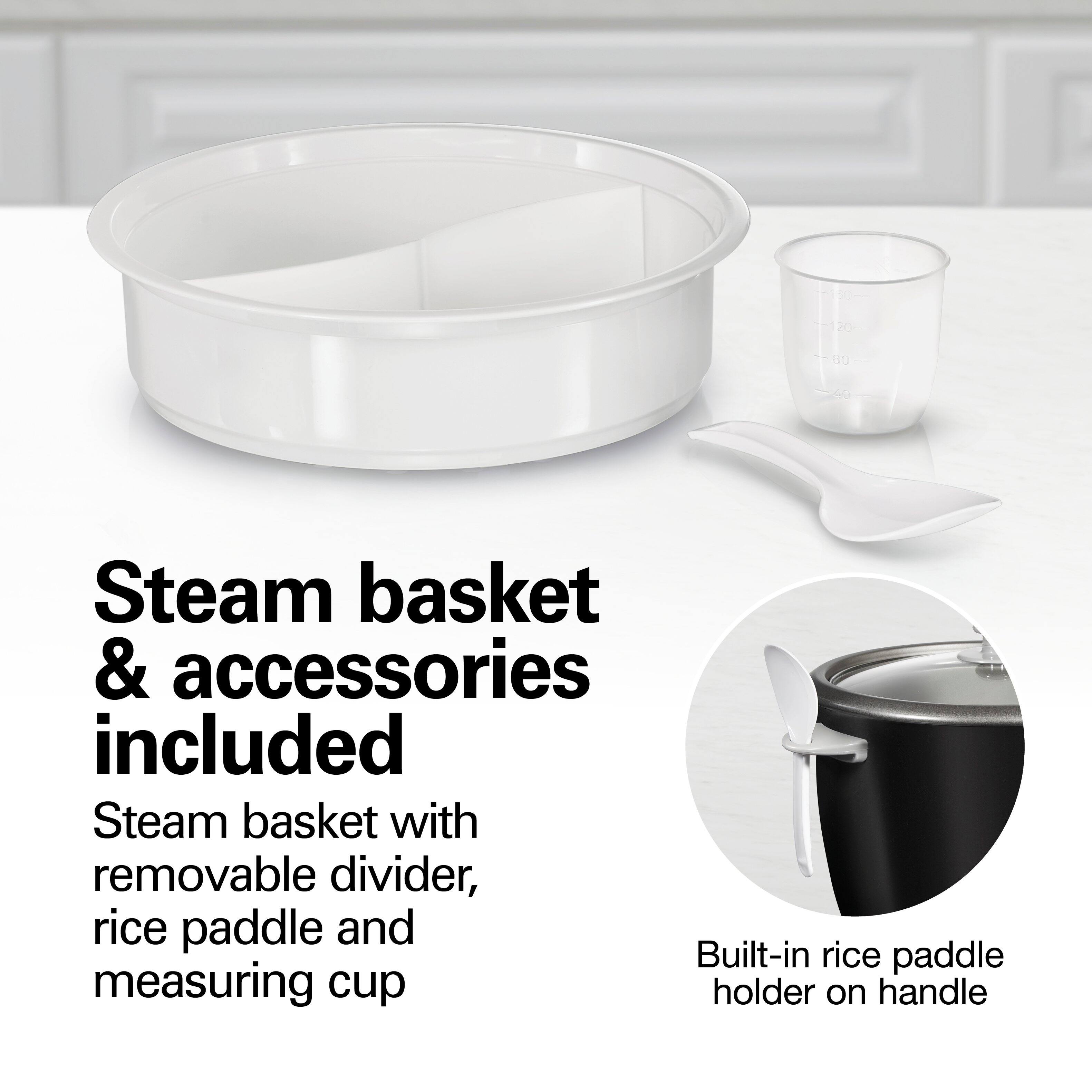 Steam basket & accessories included  
Steam basket with removable divider, rice paddle and Built-in rice paddle measuring cup holder on handle