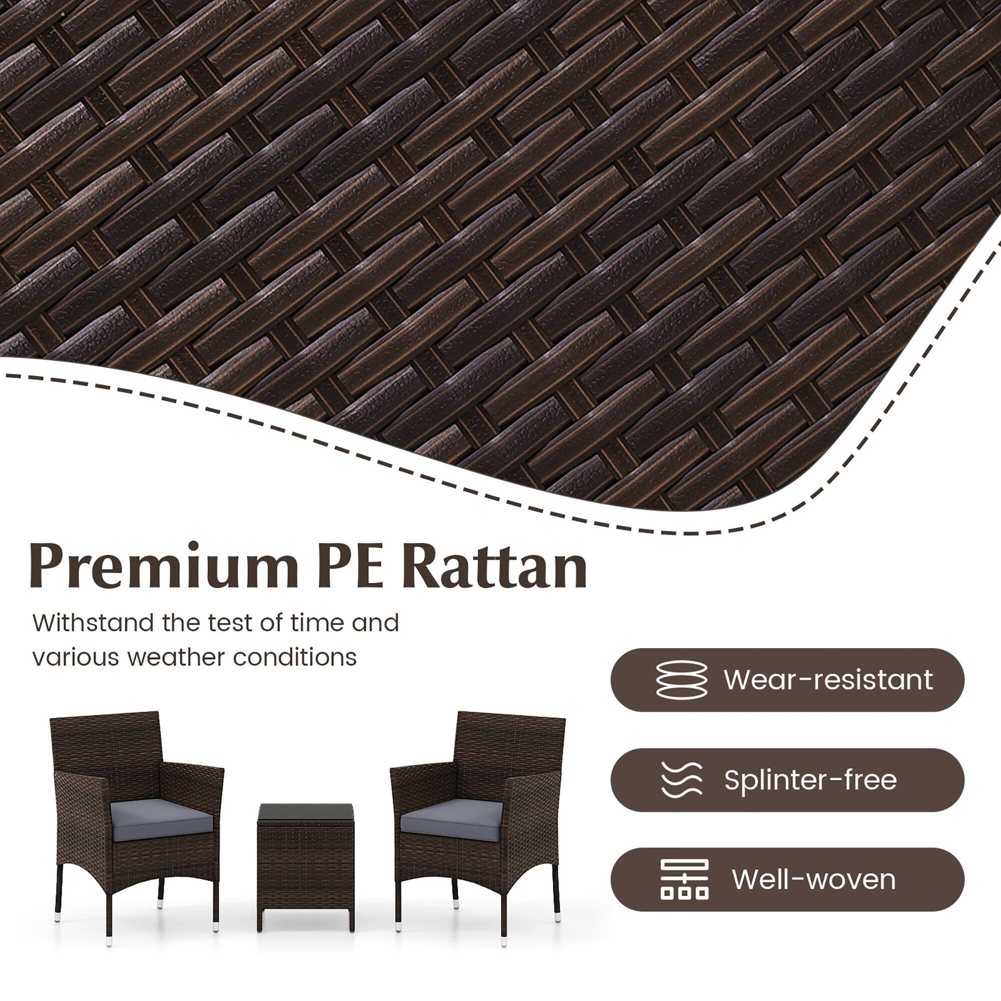 Premium PE Rattan is a durable and weather-resistant material that can withstand the test of time and various weather conditions. It is also wear-resistant and splinter-free, ensuring that it remains in good condition for an extended period. Additionally, the material is well-woven, providing a comfortable and aesthetically pleasing appearance.