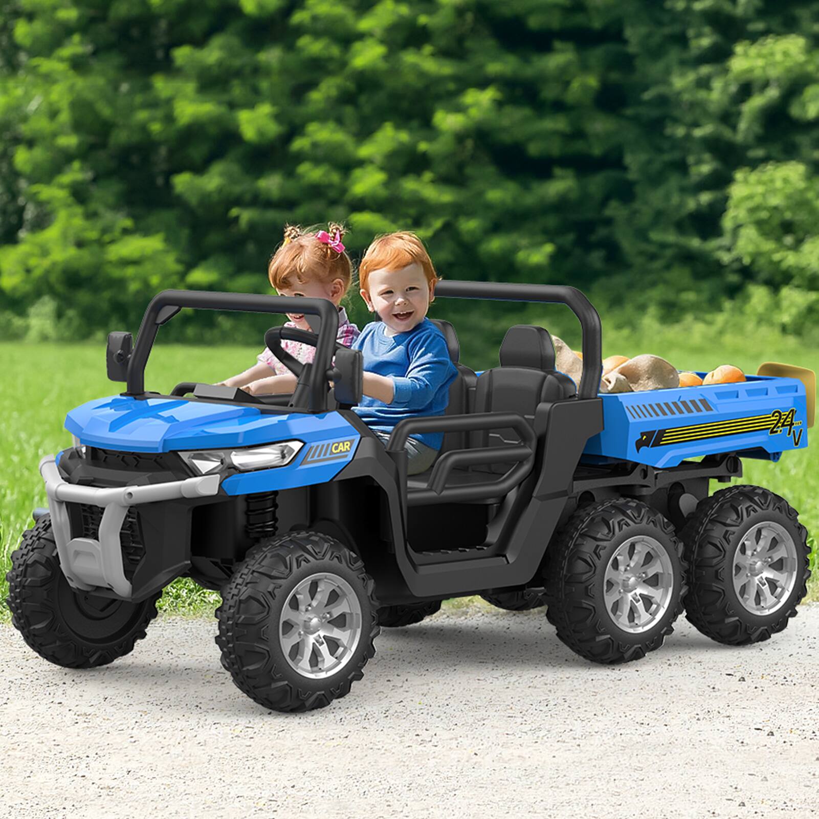 Alt View 1. Jojoka - 24V Kids Electric Tractor, 6-Wheel Ride On Car with Tipping Bucket, Remote Control, LED Lights, Music, Blue - Blue.