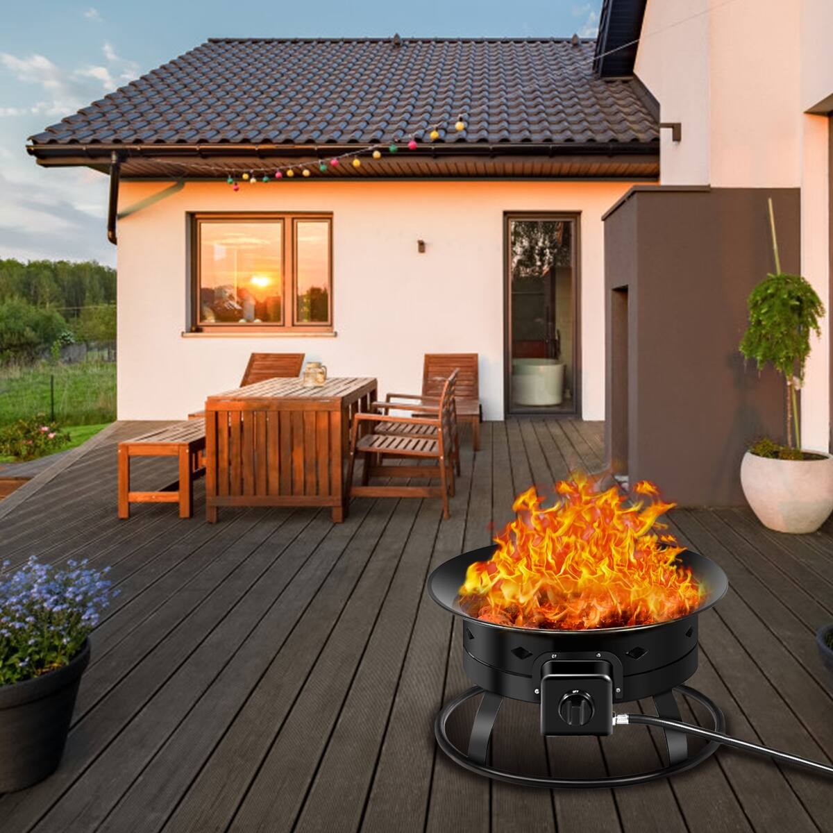 Alt View 6. SKONYON - Portable Propane Fire Pit with 58000 BTU Output Metal Lid Lava Rocks and 10 Ft Hose.
