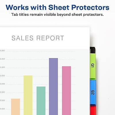 Works with Sheet Protectors  
Tab titles remain visible beyond sheet protectors.

SALES REPORT

Q1 0,000 0,000 0,000  
Q2 0,000 0,000 0,000